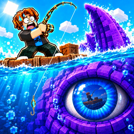 Deep Fishing artwork: a Roblox angler on a raft hooks a giant purple kraken watching from below